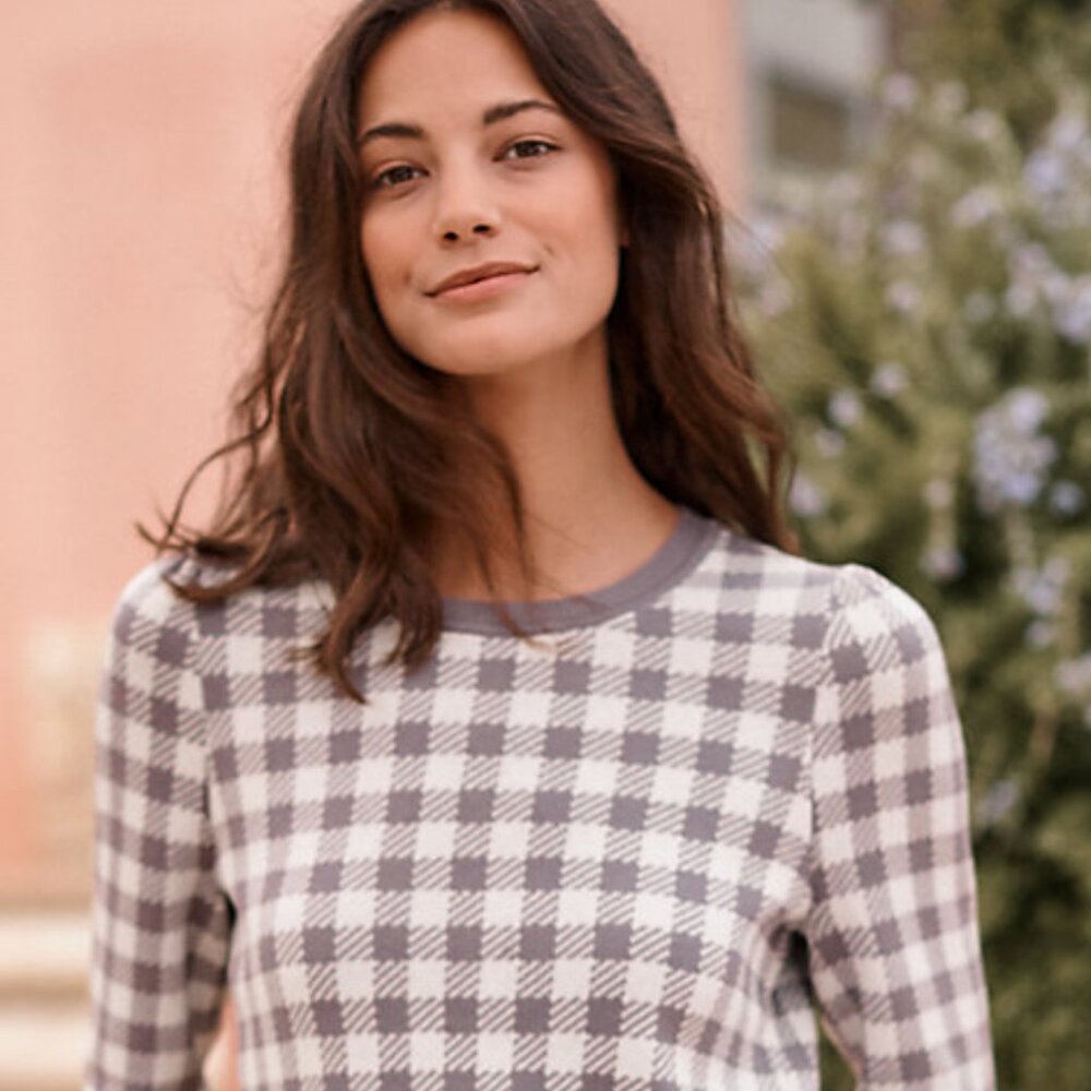 Garnet Hill Gray and Cream Plaid Crewneck Sweater